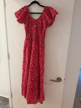 Pink City Prints Smocked Red Floral Maxi Dress with Puff Sleeves